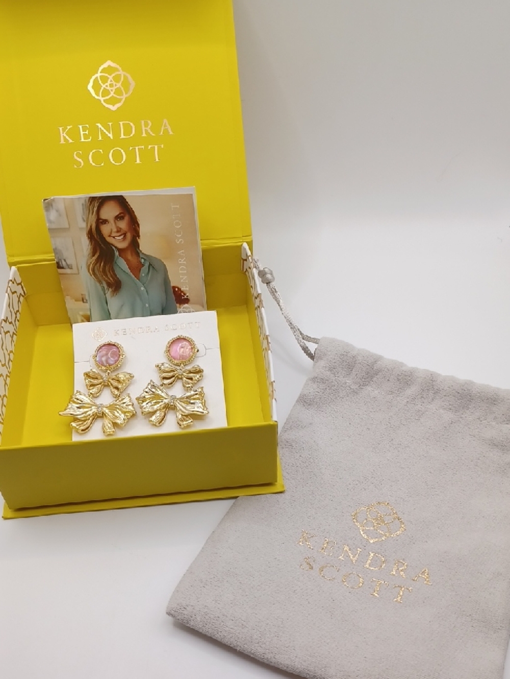 Kendra Scott Gold Bow Earrings with Pink Glass Over Mop NIB